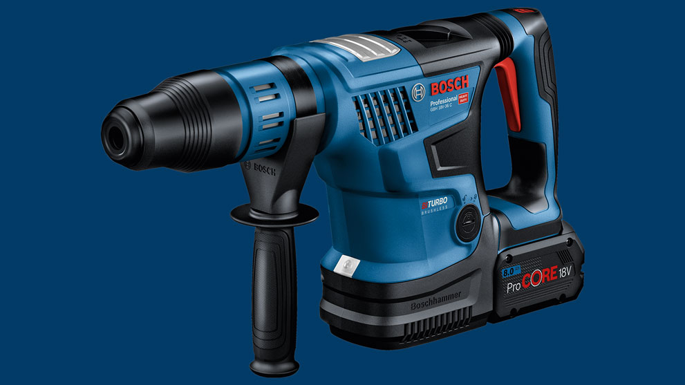 Blue Bosch Professional cordless hammer drill on a solid color background.