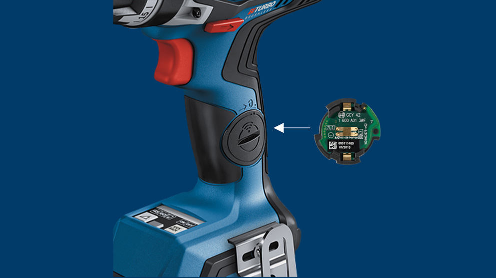 Close-up of a blue Bosch Professional tool with a switch button.