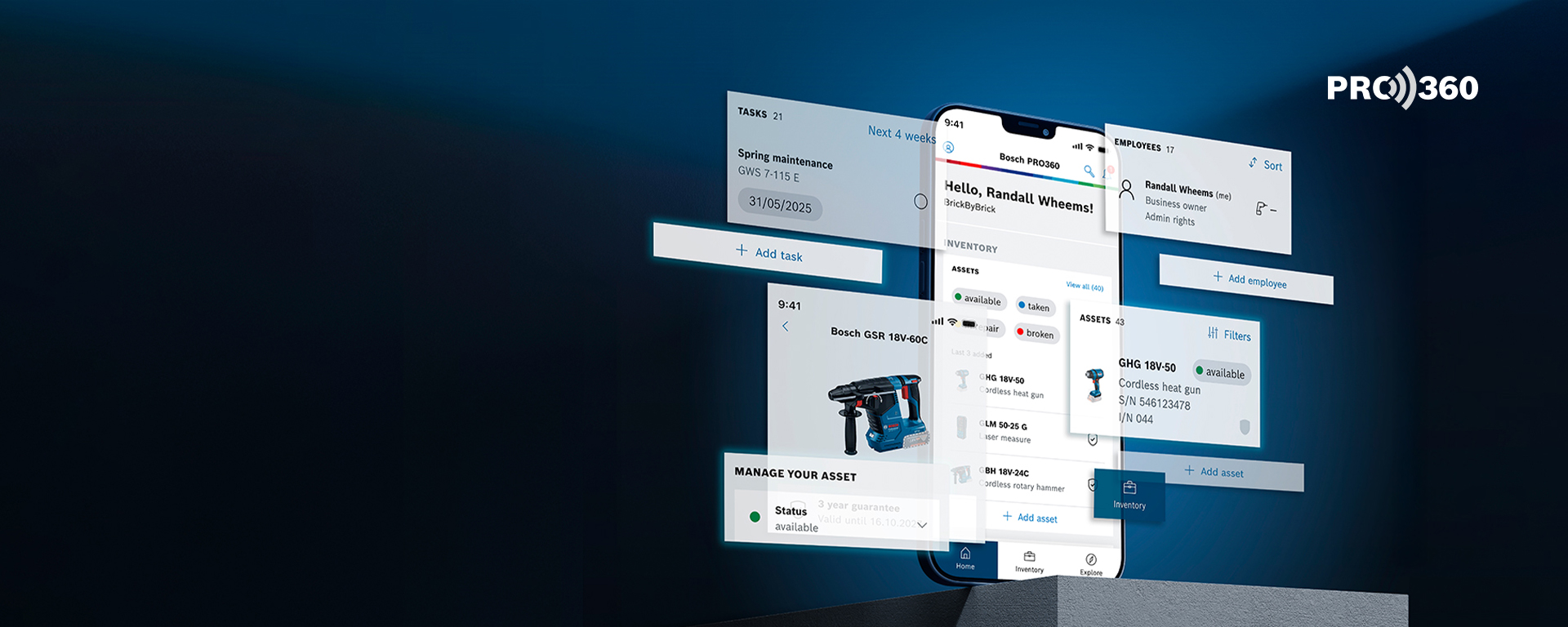A smartphone displays the Bosch Professional app with tool information on a bright background.