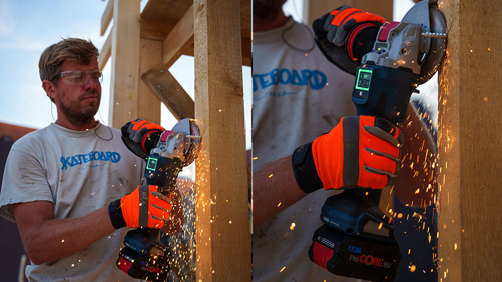 Ortmann cuts a protruding screw without applying any pressure thanks to an X-LOCK angle grinder A man is cutting wood with a Bosch Professional cordless saw, sparks are flying.