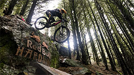 A mountain biker jumps over a rock in the forest near Red Bull.
