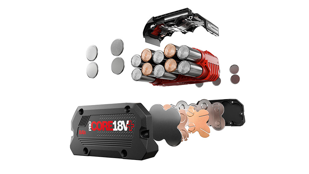 A disassembled Bosch Professional battery with cells and metal parts.