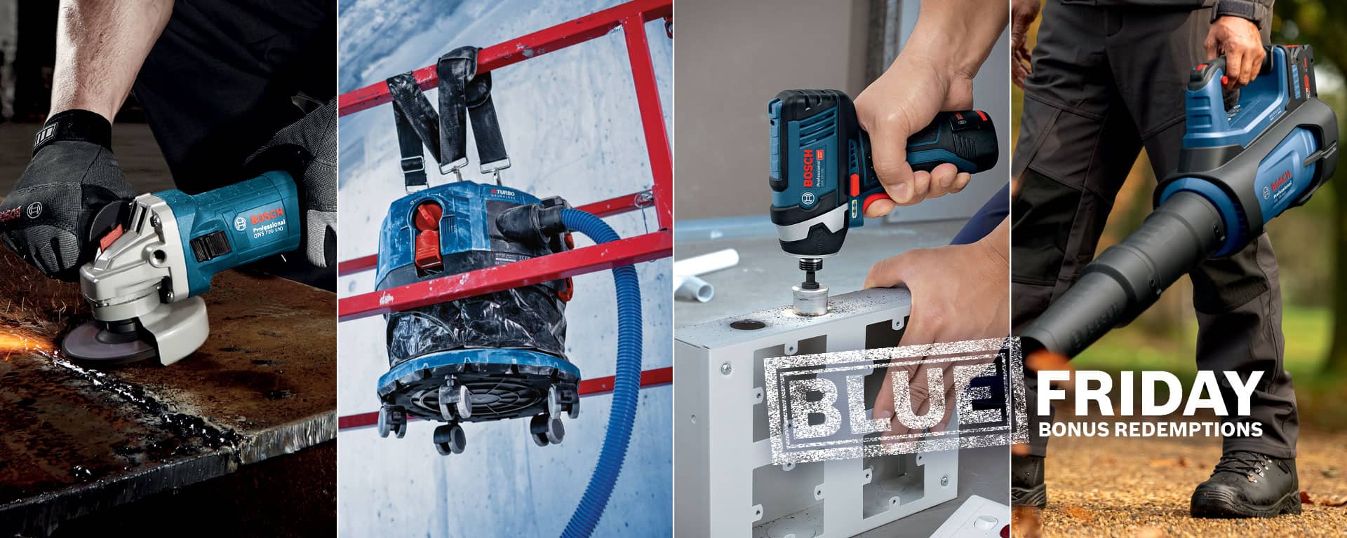 Various Bosch tools: angle grinder, vacuum cleaner, cordless screwdriver, and leaf blower.