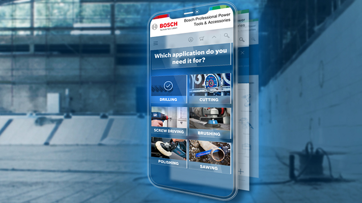 Smartphone shows Bosch Professional tools in a workshop environment.