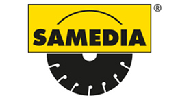 Samedia logo: yellow lettering on a black saw blade background.