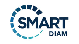 Logo of SMART DIAM, blue lettering with circle design.