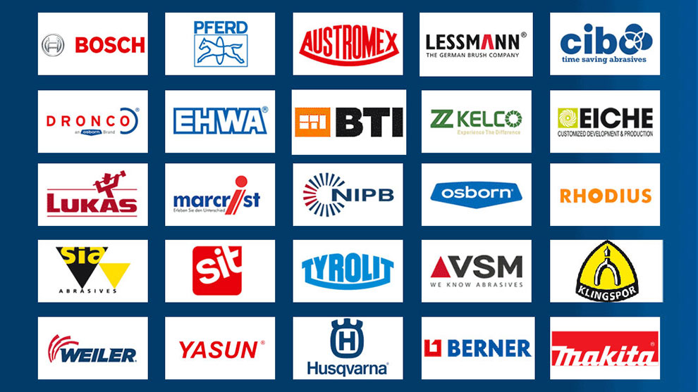 Brand logos of Bosch, Makita, and others arranged on a blue surface.