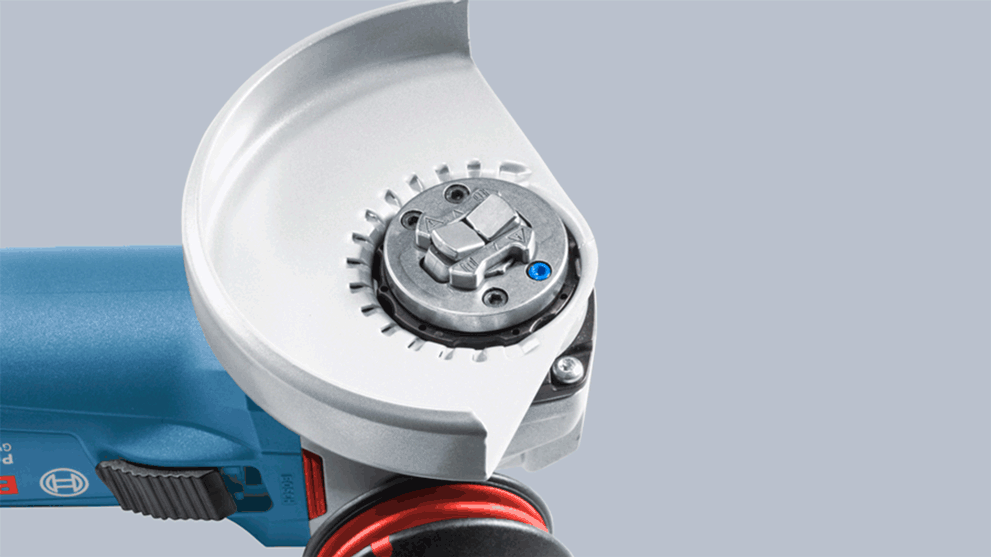 Bosch Professional angle grinder with silver guard and red ring.